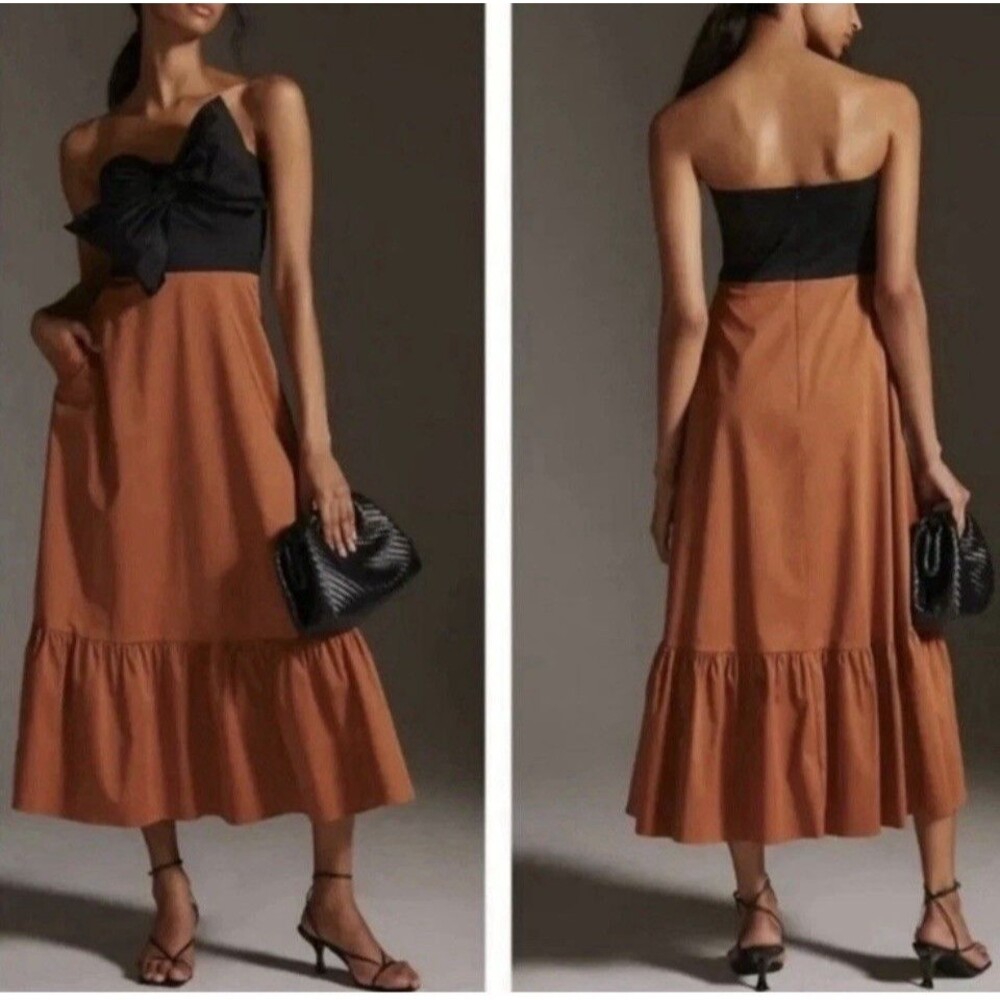NWT Anthropologie Hutch Retro BIG Bow Dress Size 2/4 Strapless Brown Black $218